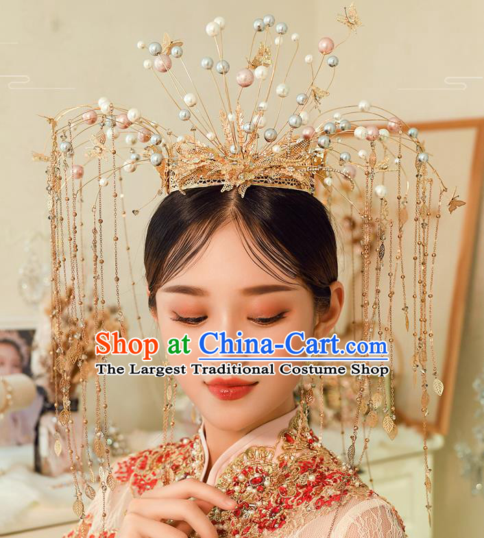 Traditional Chinese Handmade Golden Crown Hairpins Ancient Bride Hair Accessories for Women