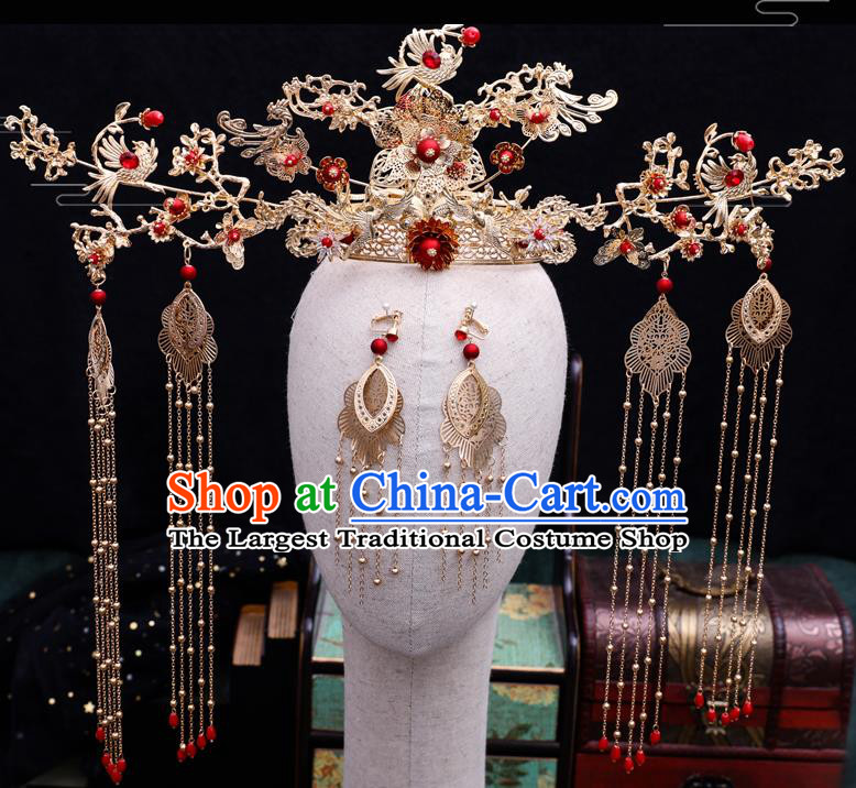 Traditional Chinese Wedding Golden Birds Phoenix Coronet Hairpins Handmade Ancient Bride Hair Accessories for Women