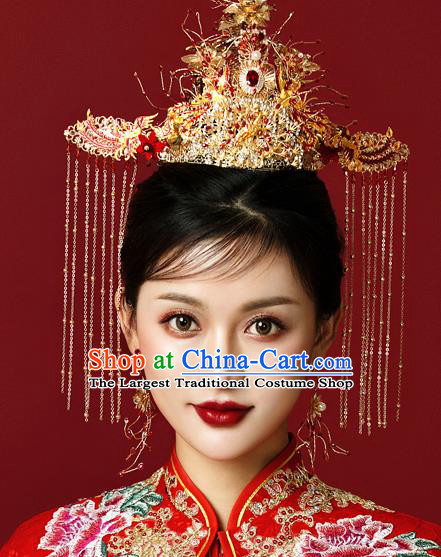 Traditional Chinese Wedding Luxury Red Gem Phoenix Coronet Hairpins Handmade Ancient Bride Hair Accessories for Women