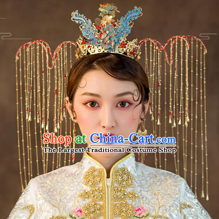 Traditional Chinese Wedding Blue Phoenix Coronet Hairpins Handmade Ancient Bride Hair Accessories for Women