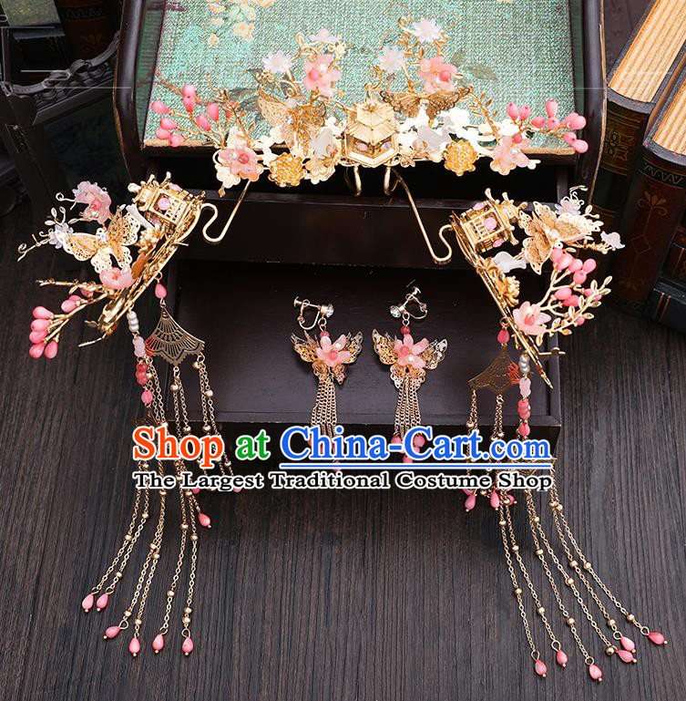 Traditional Chinese Wedding Pink Peach Blossom Hair Comb Hairpins Handmade Ancient Bride Hair Accessories for Women