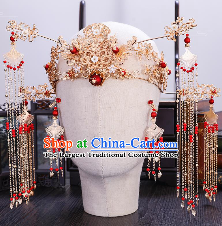 Traditional Chinese Wedding Golden Lotus Phoenix Coronet Hairpins Handmade Ancient Bride Hair Accessories for Women