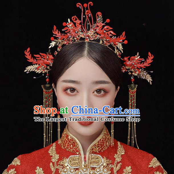 Traditional Chinese Handmade Red Phoenix Chaplet Hairpins Ancient Bride Hair Accessories for Women