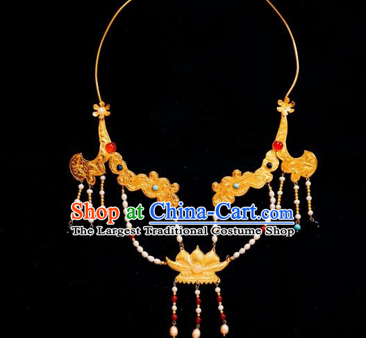 Chinese Traditional Tang Dynasty Golden Necklace Handmade Ancient Princess Pearls Necklet Accessories for Women