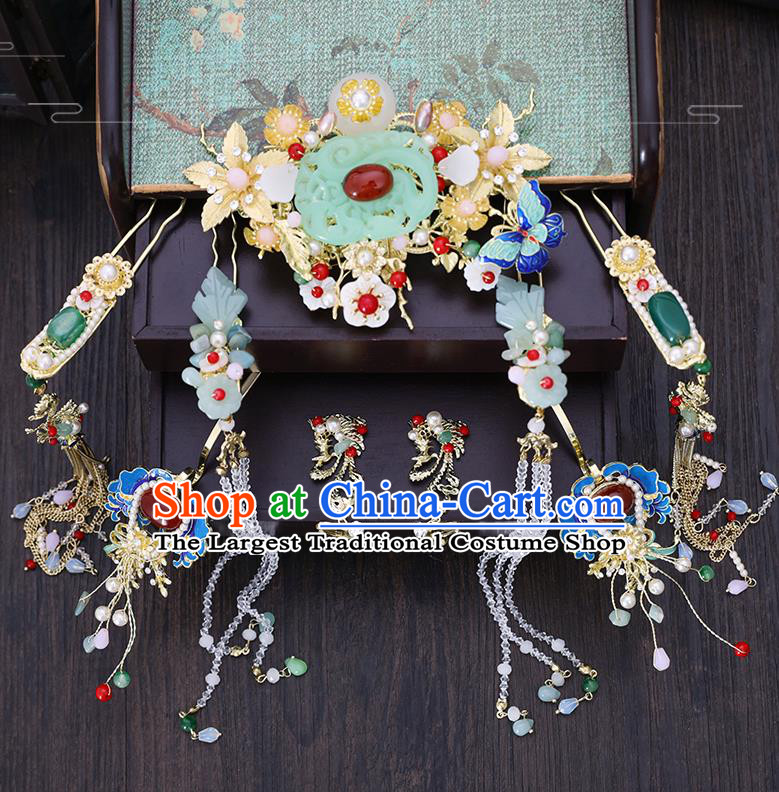 Traditional Chinese Wedding Jade Hair Combs Tassel Hairpins Handmade Ancient Bride Hair Accessories for Women