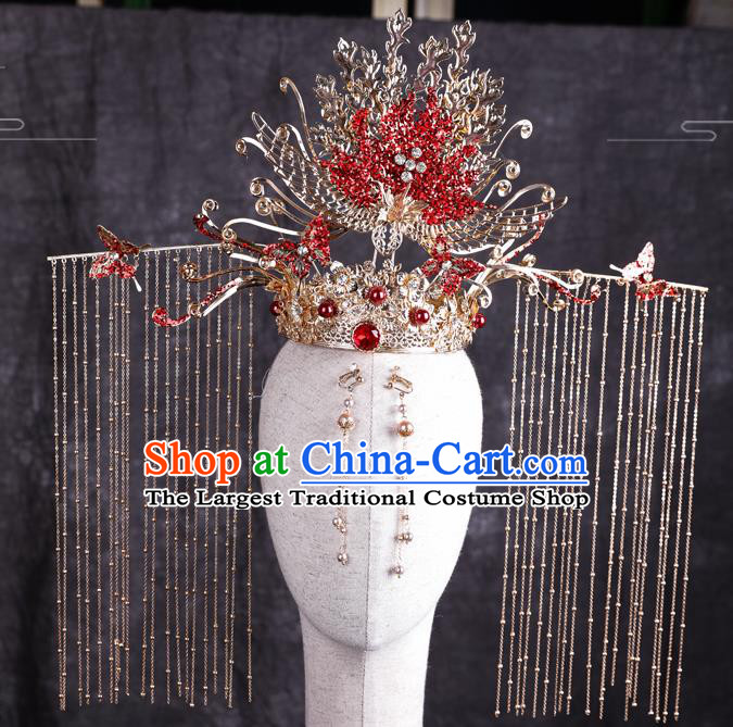 Traditional Chinese Handmade Red Crystal Butterfly Hair Crown Chaplet Hairpins Ancient Bride Hair Accessories for Women