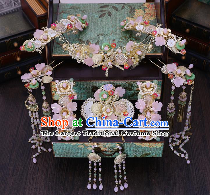 Traditional Chinese Wedding Pink Flowers Hair Combs Tassel Hairpins Handmade Ancient Bride Hair Accessories for Women