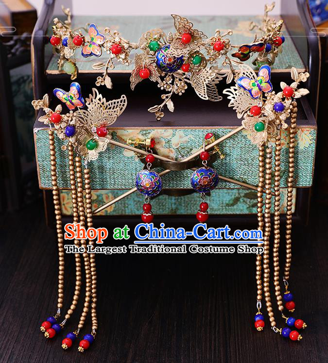 Traditional Chinese Wedding Cloisonne Butterfly Hair Clasp Tassel Hairpins Handmade Ancient Bride Hair Accessories for Women