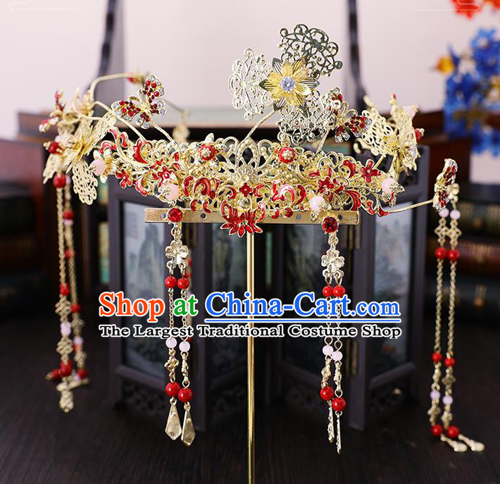 Traditional Chinese Wedding Cloisonne Red Lotus Hair Crown Tassel Hairpins Handmade Ancient Bride Hair Accessories for Women