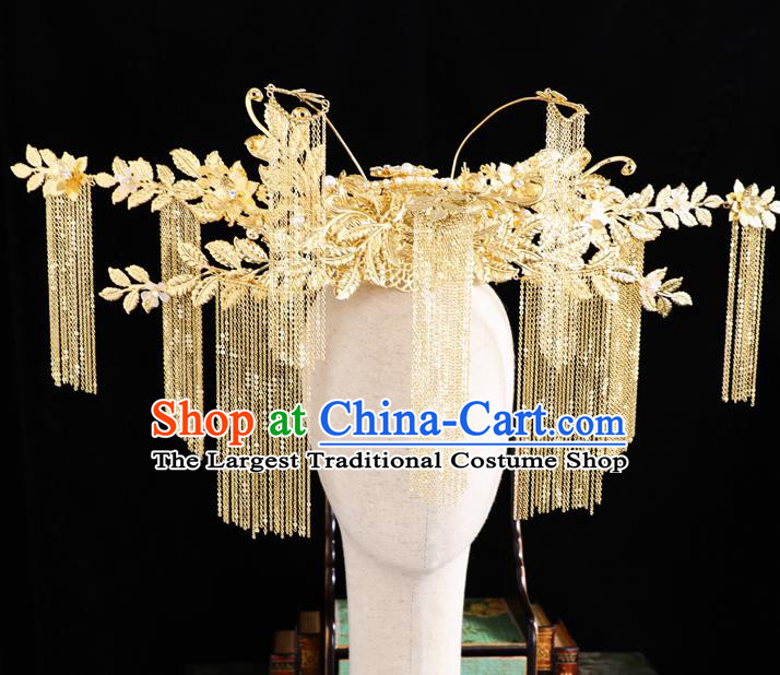 Traditional Chinese Handmade Golden Tassel Chaplet Hair Crown Hairpins Ancient Bride Hair Accessories for Women