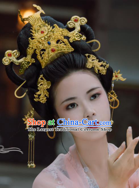 Traditional Chinese Tang Dynasty Empress Golden Phoenix Coronet Hairpins Handmade Ancient Queen Hair Accessories for Women