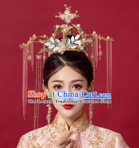 Traditional Handmade Chinese Wedding Tassel Golden Coronet Hairpins Ancient Bride Hair Accessories for Women