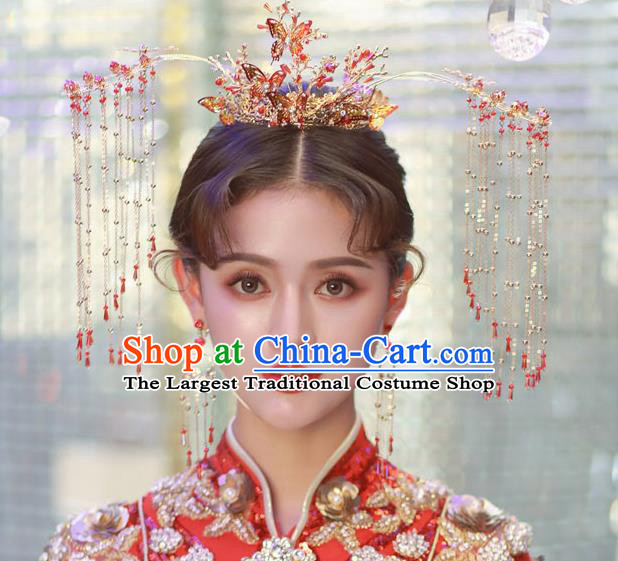 Traditional Handmade Chinese Wedding Red Phoenix Coronet Hairpins Ancient Bride Hair Accessories for Women