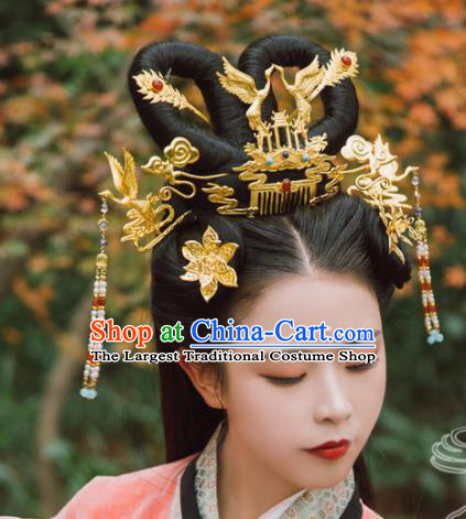 Traditional Chinese Tang Dynasty Princess Crane Hair Comb Hairpins Handmade Ancient Queen Hair Accessories for Women