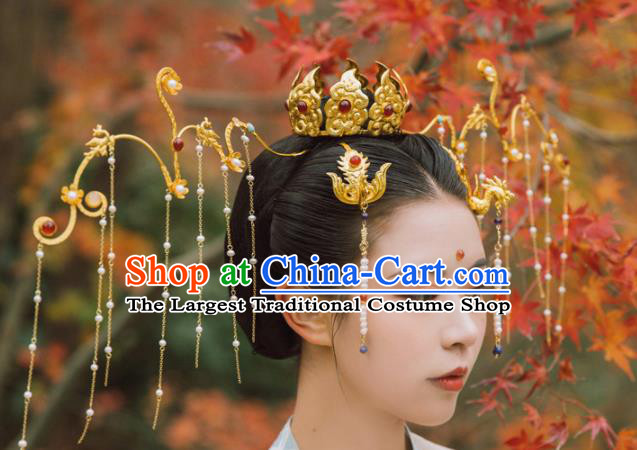 Traditional Chinese Tang Dynasty Princess Hair Crown Phoenix Tassel Hairpins Handmade Ancient Queen Hair Accessories for Women