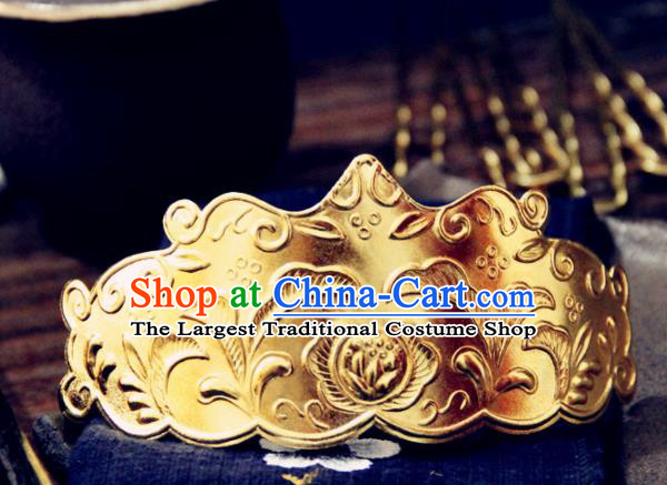 Chinese Traditional Ming Dynasty Princess Golden Hair Crown Hairpins Handmade Ancient Royal Empress Hair Accessories for Women