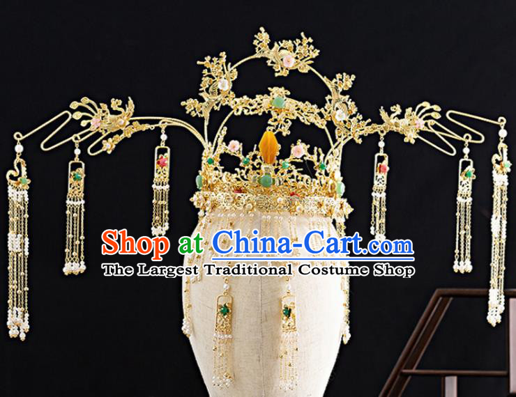 Traditional Chinese Hanfu Golden Plum Tassel Phoenix Coronet Handmade Ancient Princess Hair Accessories for Women