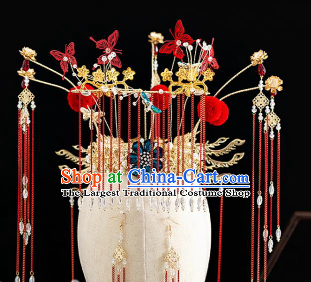 Traditional Chinese Hanfu Red Butterfly Tassel Phoenix Coronet Handmade Ancient Princess Hair Accessories for Women