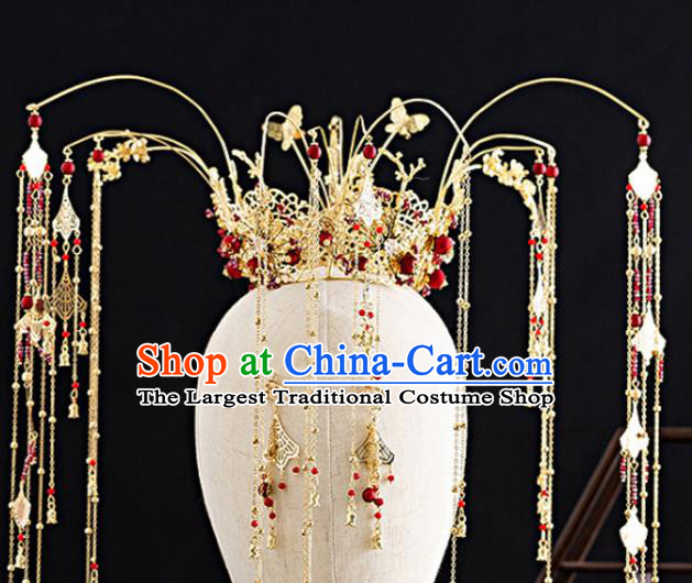 Traditional Chinese Hanfu Tassel Golden Phoenix Coronet Handmade Ancient Princess Hair Accessories for Women