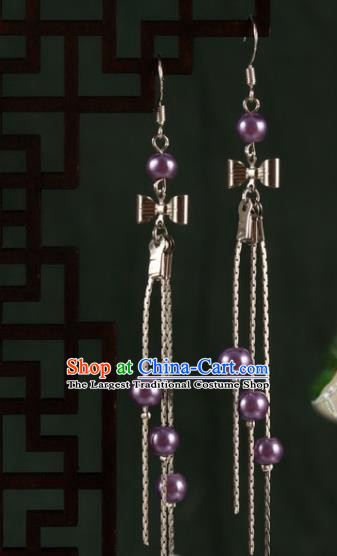 Chinese Traditional Hanfu Purple Beads Bowknot Earrings Ancient Fairy Ear Accessories for Women