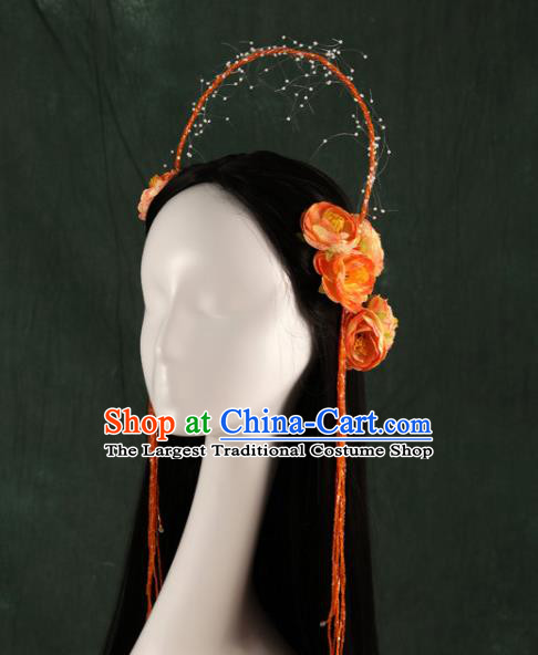 Traditional Chinese Song Dynasty Princess Wigs and Orange Peony Hairpins Ancient Seven Fairies Hair Accessories for Women