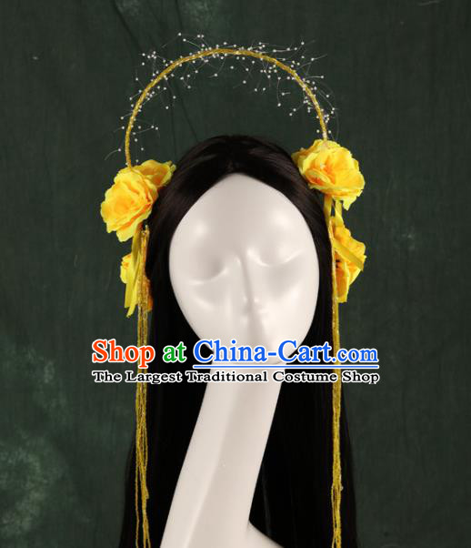 Traditional Chinese Song Dynasty Princess Wigs and Yellow Peony Hairpins Ancient Seven Fairies Hair Accessories for Women