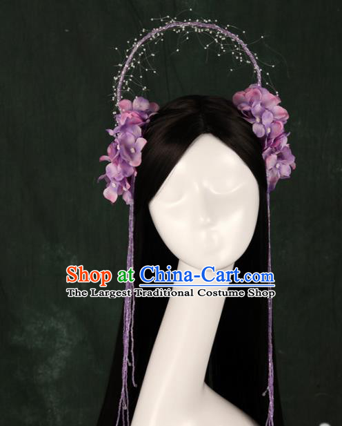 Traditional Chinese Song Dynasty Princess Wigs and Purple Flowers Hairpins Ancient Seven Fairies Hair Accessories for Women