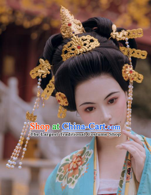 Traditional Chinese Tang Dynasty Empress Hair Crown and Hairpins Ancient Court Queen Hair Accessories for Women