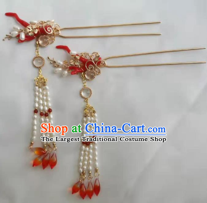 Traditional Chinese Ming Dynasty Princess Pearls Tassel Hairpins Ancient Court Queen Hair Accessories for Women