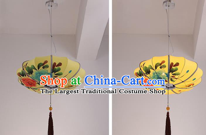 Chinese Traditional Printing Flowers Yellow Hanging Lantern Handmade New Year Lamp Cloth Palace Lanterns