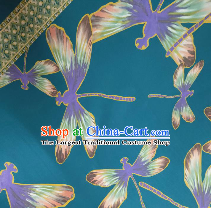 Chinese Traditional Dragonfly Pattern Blue Silk Fabric Mulberry Silk Fabric Hanfu Dress Material