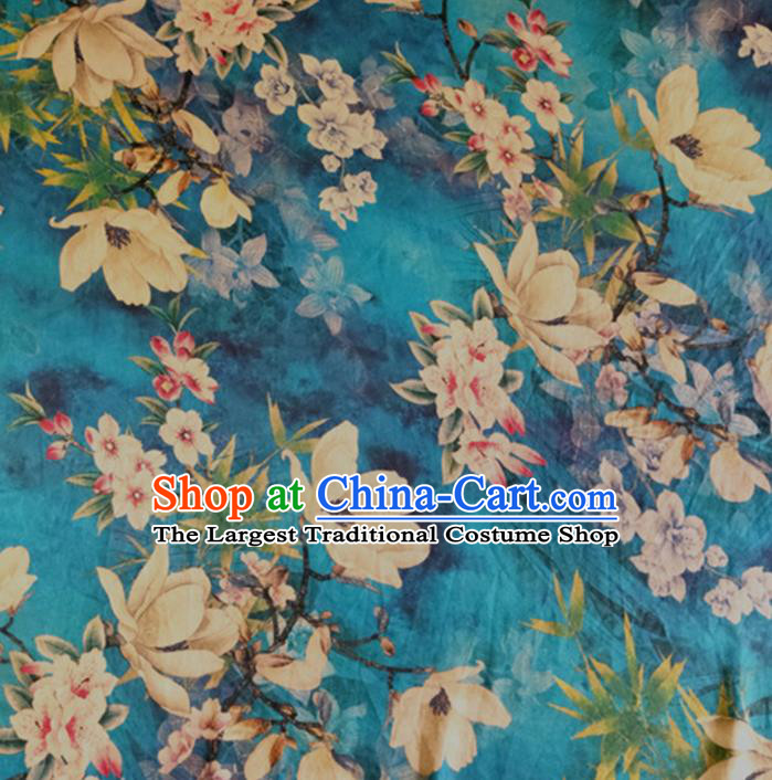 Chinese Traditional Yulan Magnolia Pattern Blue Silk Fabric Mulberry Silk Fabric Hanfu Dress Material