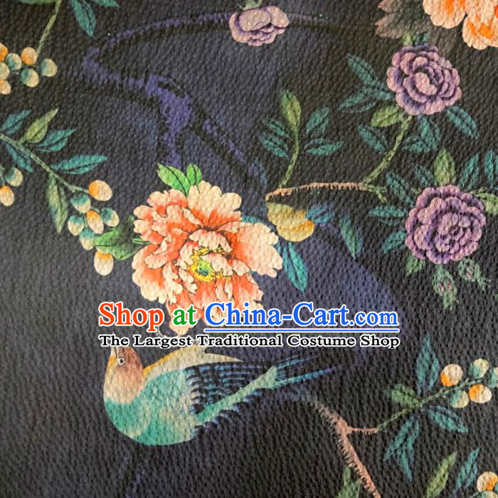 Chinese Traditional Peony Bird Pattern Navy Silk Fabric Mulberry Silk Fabric Hanfu Dress Material