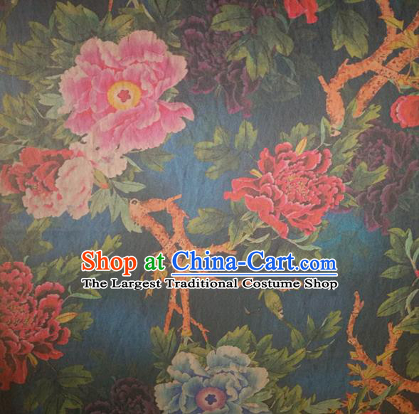 Chinese Traditional Peony Flowers Pattern Deep Blue Silk Fabric Mulberry Silk Fabric Hanfu Dress Material