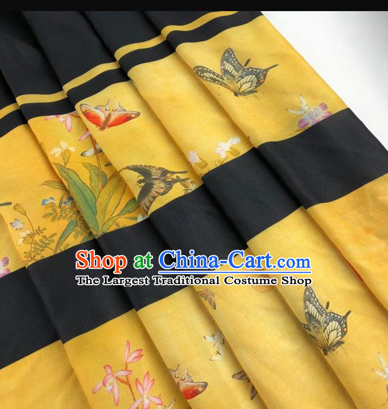 Chinese Traditional Classical Butterfly Flowers Pattern Yellow Flax Fabric Silk Fabric Hanfu Dress Material