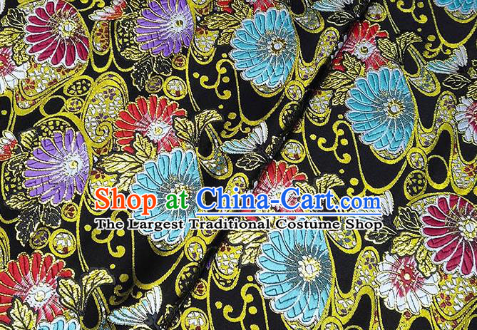 Japanese Traditional Sunflowers Pattern Kimono Black Brocade Fabric Tapestry Satin Fabric Nishijin Material