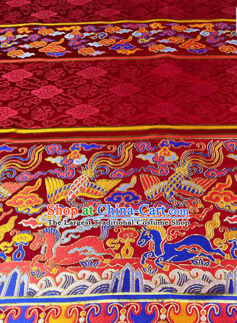 Chinese Traditional Phoenix Horse Pattern Red Brocade Fabric Silk Satin Fabric Hanfu Material