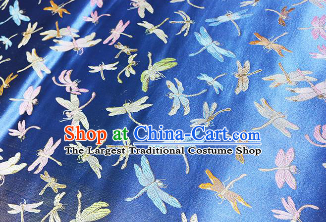 Chinese Traditional Dragonfly Pattern Blue Brocade Fabric Silk Satin Fabric Hanfu Material