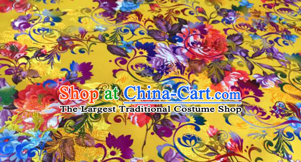 Chinese Traditional Peony Flowers Pattern Yellow Brocade Fabric Silk Satin Fabric Hanfu Material