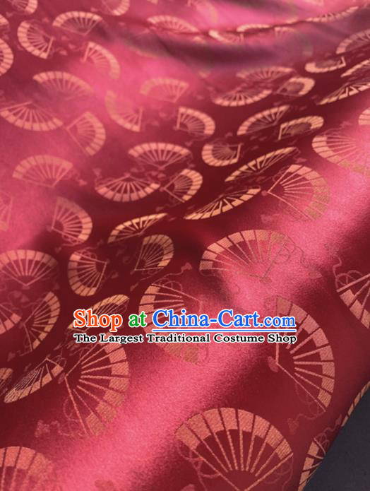 Chinese Traditional Fans Pattern Wine Red Brocade Fabric Silk Tapestry Satin Fabric Hanfu Material