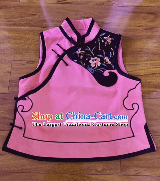 Chinese Traditional Embroidered Pink Silk Vest Tang Suit Waistcoat for Women