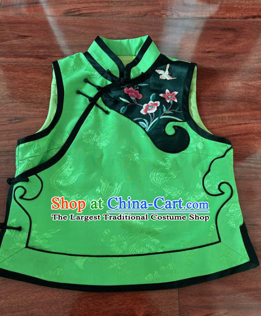 Chinese Traditional Embroidered Light Green Silk Vest Tang Suit Waistcoat for Women