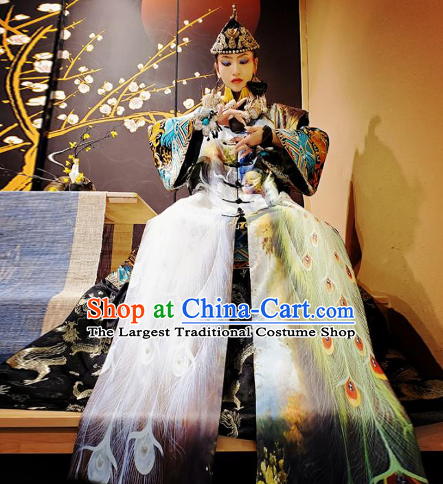 Chinese Traditional National Printing Peacock Dress Tang Suit Cloak for Women