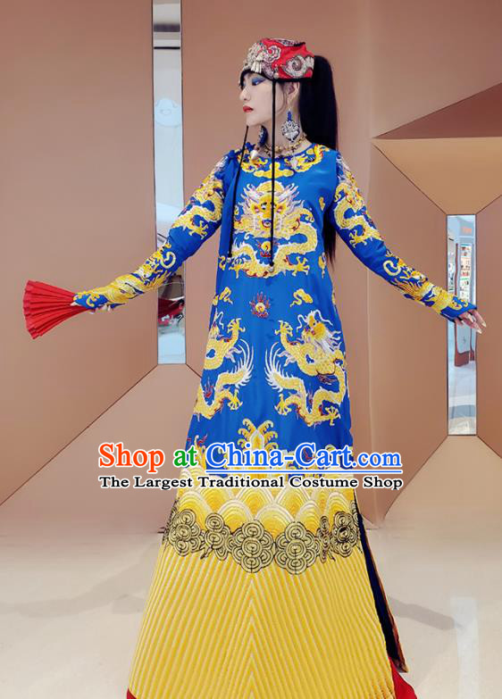 Chinese Traditional National Embroidered Royalblue Robe Tang Suit Cheongsam Dress Costume for Women
