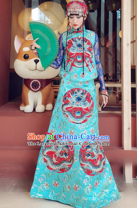 Chinese Traditional National Blue Brocade Vest and Skirt Tang Suit Cheongsam Costume for Women