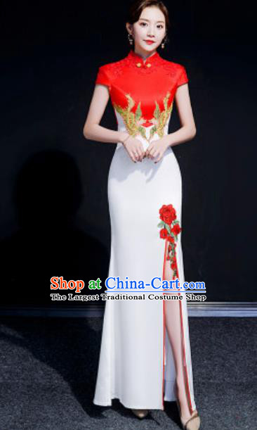 Chinese Compere National Embroidered White Qipao Dress Traditional Cheongsam Costume for Women