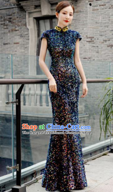 Chinese Compere National Stage Show Navy Qipao Dress Traditional Cheongsam Costume for Women