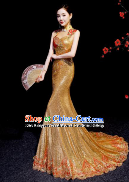 Chinese National Golden Sequins Trailing Qipao Dress Traditional Compere Cheongsam Costume for Women