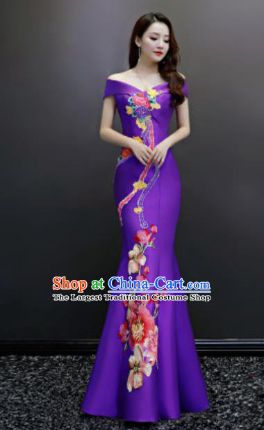 Top Compere Embroidered Purple Flat Shoulder Full Dress Evening Party Costume for Women