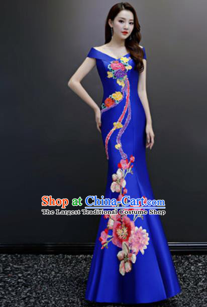 Top Compere Embroidered Royalblue Flat Shoulder Full Dress Evening Party Costume for Women